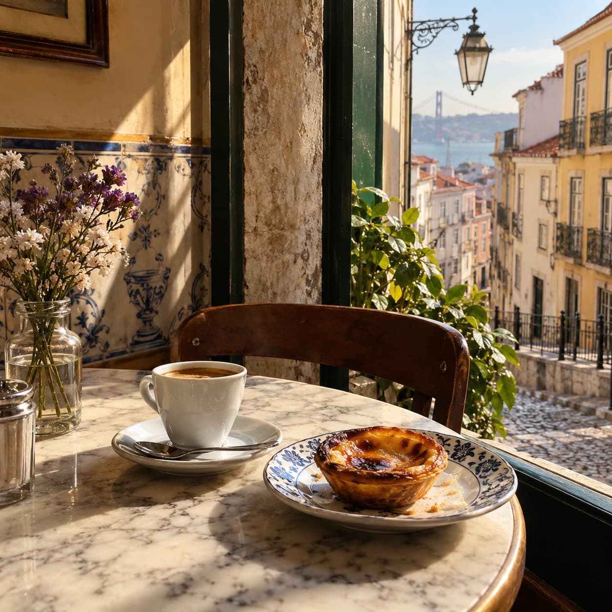 Coffee and pastry at a sunlit corner cafe