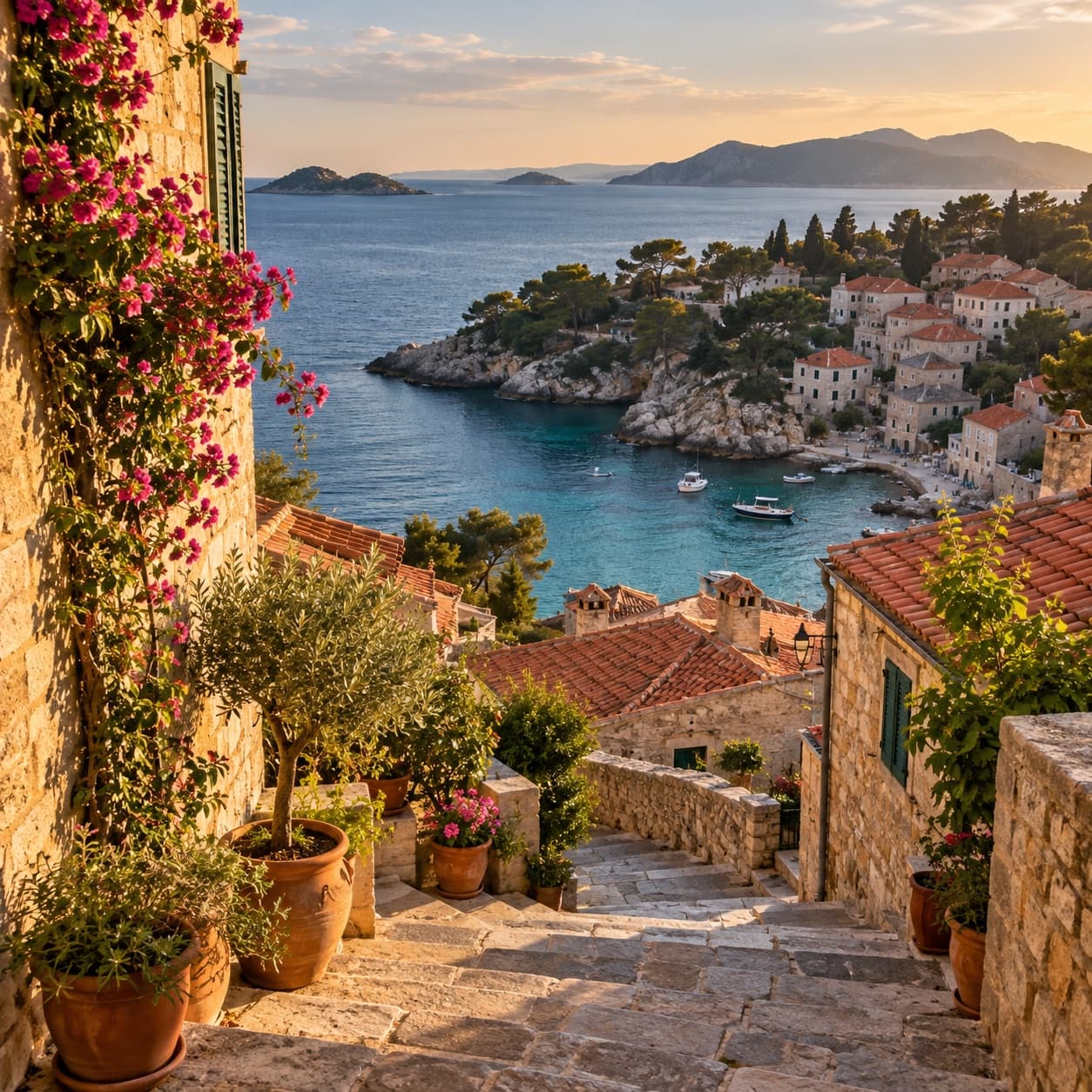 Coastal town above a turquoise cove