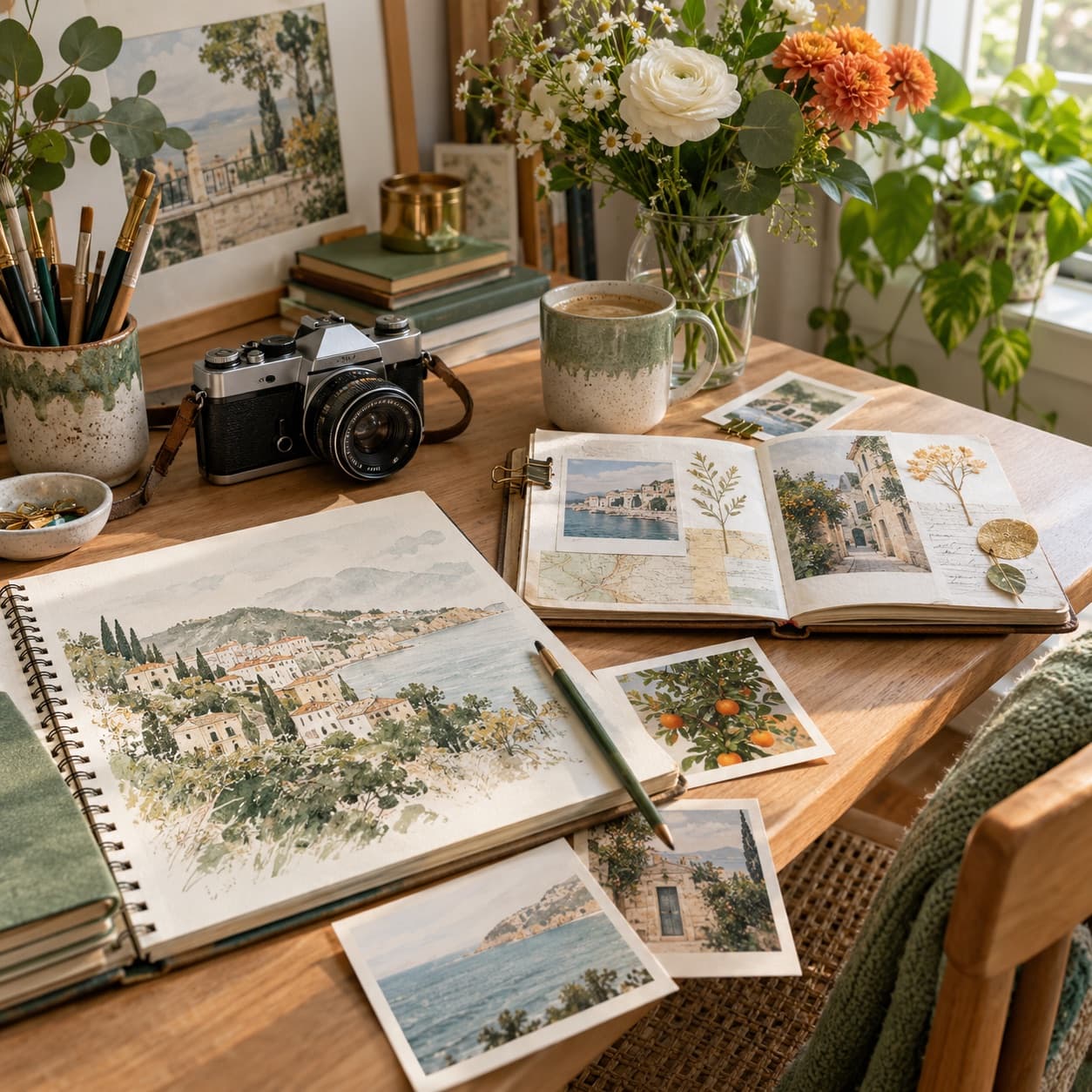 Creative desk with camera, journal, flowers and a mug